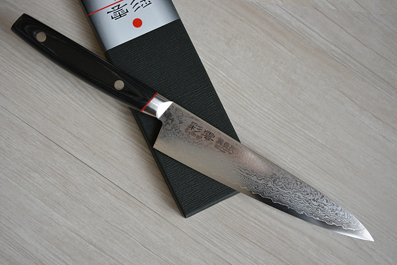 Japanese Petty Damascus knife Sekikanetsugu Saiun with micarta handle