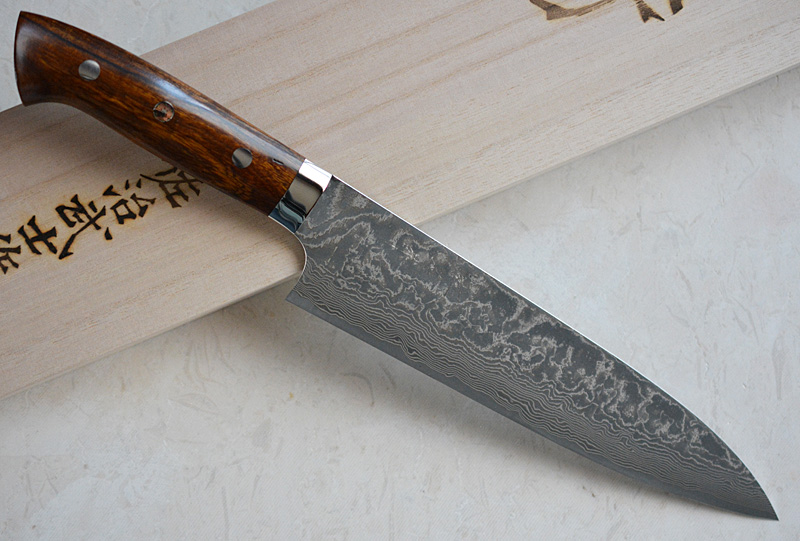 Japanese R2 Damascus Gyuto knife Saji with iron wood handle
