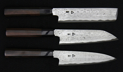 3 Japanese Damascus knives Nakiri, santoku and small santoku